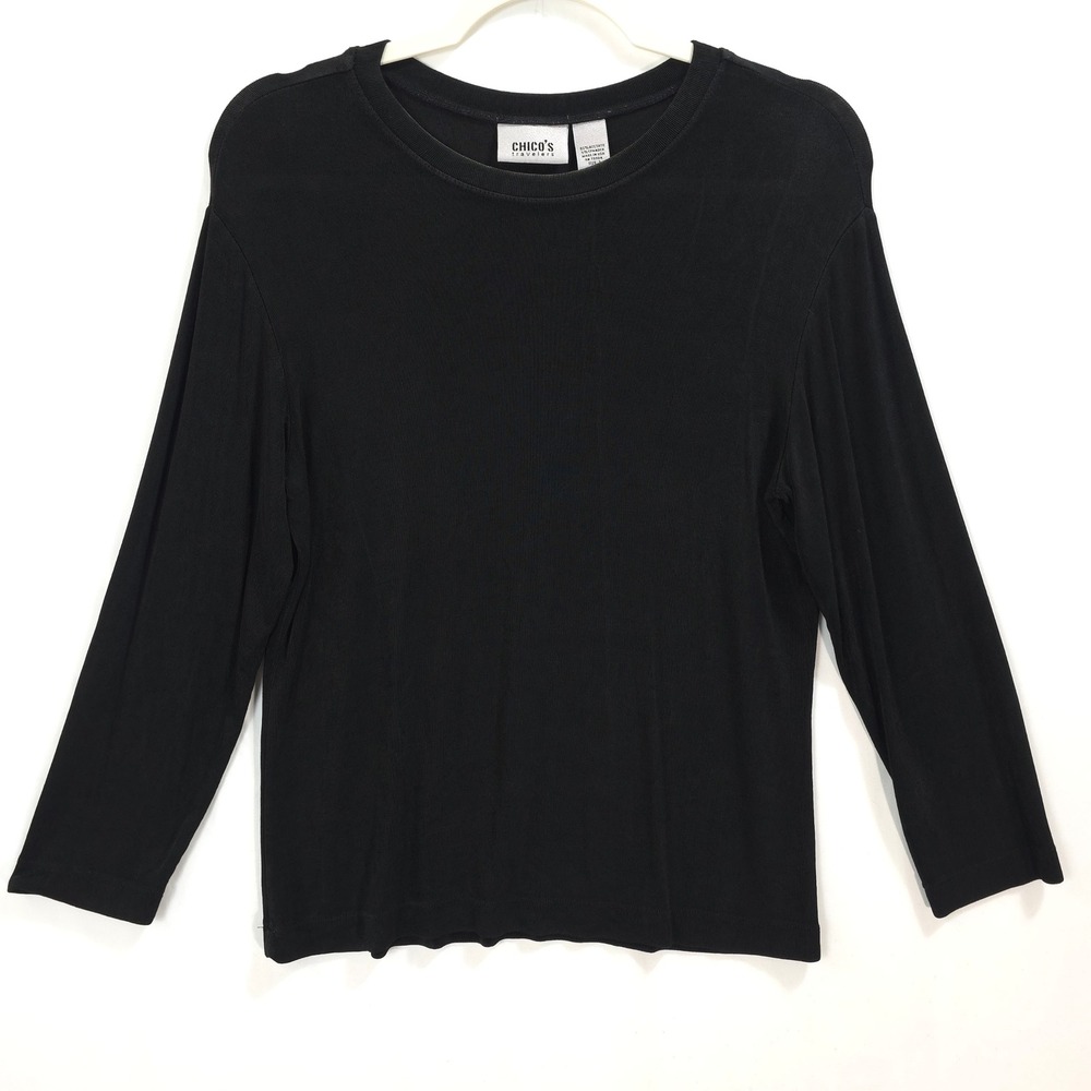 Chico's Travelers Top Long Sleeve Slinky Black Women M Minimalist Chic Office